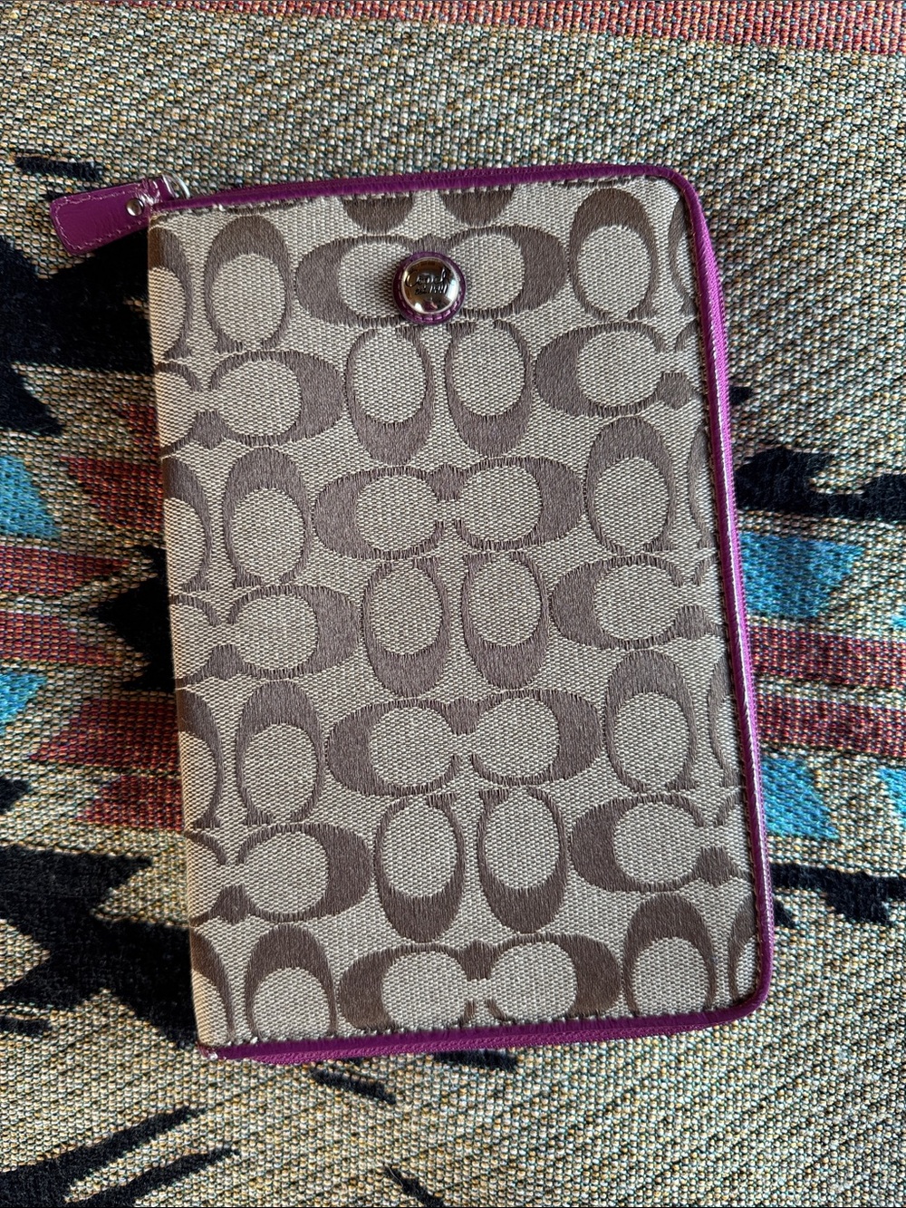 Designer Inspired Canvas Zip Folio in Taupe with Purple Trim